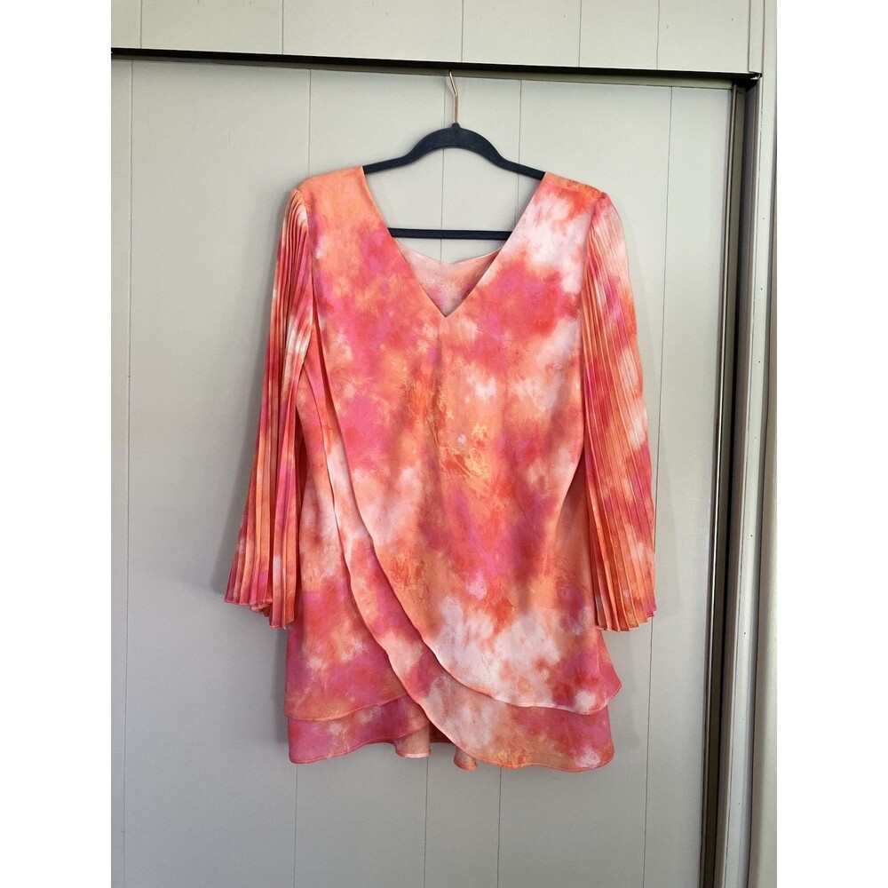 Laurie Felt Chiffon Pleated Sleeve Top M Orange Pink Watercolor Tie Dye Blouse
